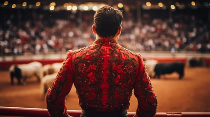  bullfighter on the background of the arena and bulls, blurred background. back view. ai generative © Oleksandr