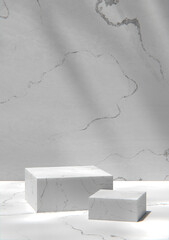 Gray tone marble wall and podium in a sunny room. 3d Render.