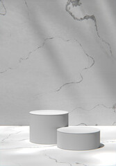Gray tone marble wall and podium in a sunny room. 3d Render.