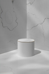 Gray tone marble wall and podium in a sunny room. 3d Render.
