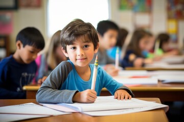 Fototapeta na wymiar Generative AI, Primary Elementary School, the boy is sitting in the classroom holding a pencil