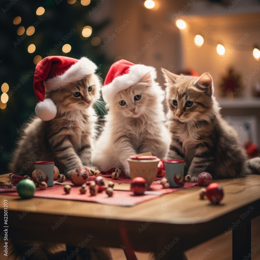Poster three kittens sitting on a table with a christmas tree in the background. generative ai image.