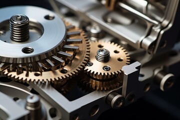 Reliable industrial mechanical gears macro cogs inside clock in motion in structured well-organized connected watch mechanism meshing parts together in precise manner and thoughtfully crafted synergy