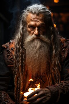 A man with long hair and a beard holding a lit candle. Generative AI image.