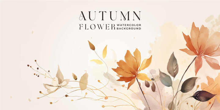 Autumn background vector. Hand painted watercolor and gold brush texture, Flower and botanical leaves hand drawing. Abstract art design for wallpaper, wall arts, cover , wedding and invite card.