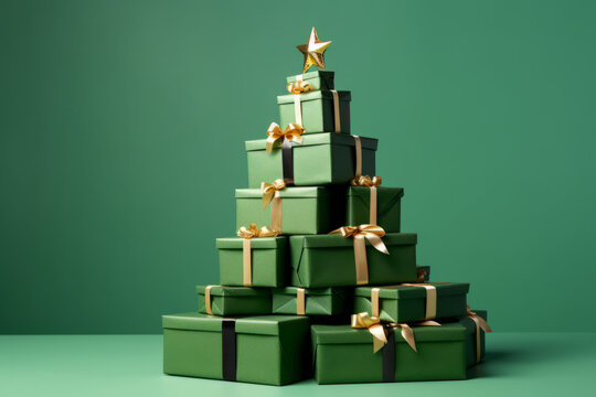 Green christmas presents and gifts stacked into a festive christmas tree shape