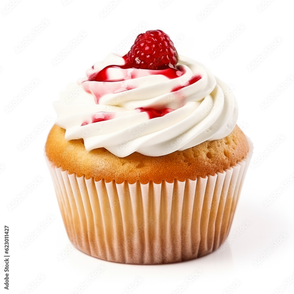 Poster cupcake with cream and raspberry isolated on a white background.
