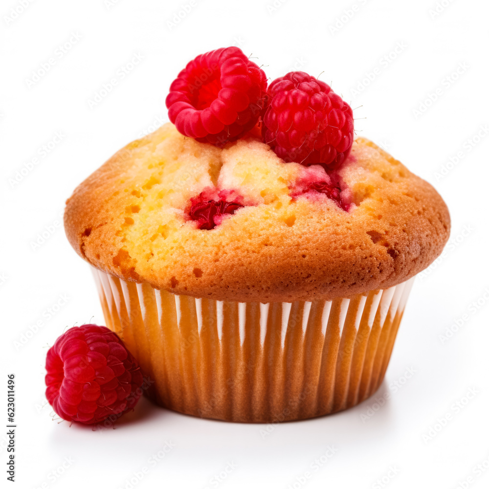 Aufkleber muffin with cream and raspberry isolated on a white background.