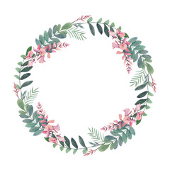 Hand drawn watercolor indigo flower and leaves natural plant dye and hobby materials. Botanical illustration isolated circle wreath, white background. Shop logo, print, website, business card, booklet