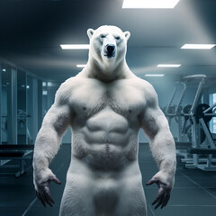 Fototapeta na wymiar fit Polar Bear standing at the gym, Strong and Fit Polar Bear Working Out at the Gym, generative AI