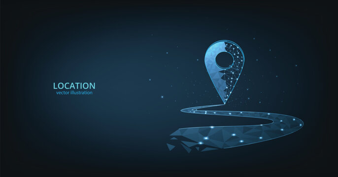 Light Blue GPS pin composed of polygon. Traveling digital concept. Location pin low poly design, vector illustration on dark blue background.	