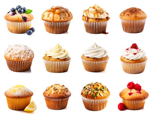 Set of different muffins with blueberry, salted caramel, cream, raspberry, lemon, pumpkin isolated on white background