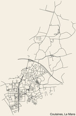 Detailed hand-drawn navigational urban street roads map of the COULAINES COMMUNE of the French city of LE MANS, France with vivid road lines and name tag on solid background