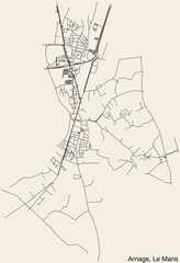 Detailed hand-drawn navigational urban street roads map of the ARNAGE COMMUNE of the French city of LE MANS, France with vivid road lines and name tag on solid background