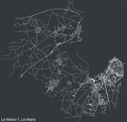 Detailed hand-drawn navigational urban street roads map of the LE MANS-7 CANTON of the French city of LE MANS, France with vivid road lines and name tag on solid background