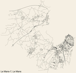 Detailed hand-drawn navigational urban street roads map of the LE MANS-7 CANTON of the French city of LE MANS, France with vivid road lines and name tag on solid background
