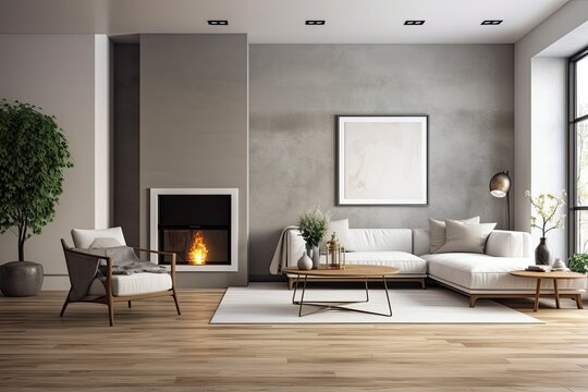 View from the side of a traditional living room with concrete walls, a wooden floor, a white couch, and an empty picture frame over the fireplace. a mockup. Generative AI