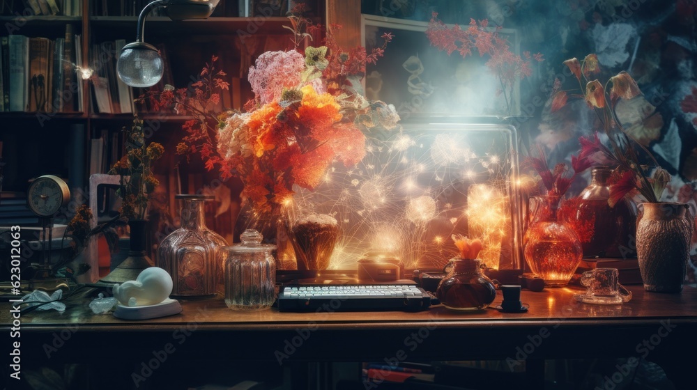 Aufkleber a desk topped with a laptop computer next to a bunch of flowers. generative ai image.