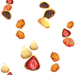 Watercolor seamless pattern with hand drawn traditional Japanese sweets. Wagashi, mochi, autumn maple leaves. Isolated on white background. Invitations, restaurant menu, greeting cards, print, textile