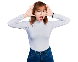 Redhead young woman wearing casual turtleneck sweater smiling cheerful playing peek a boo with hands showing face. surprised and exited
