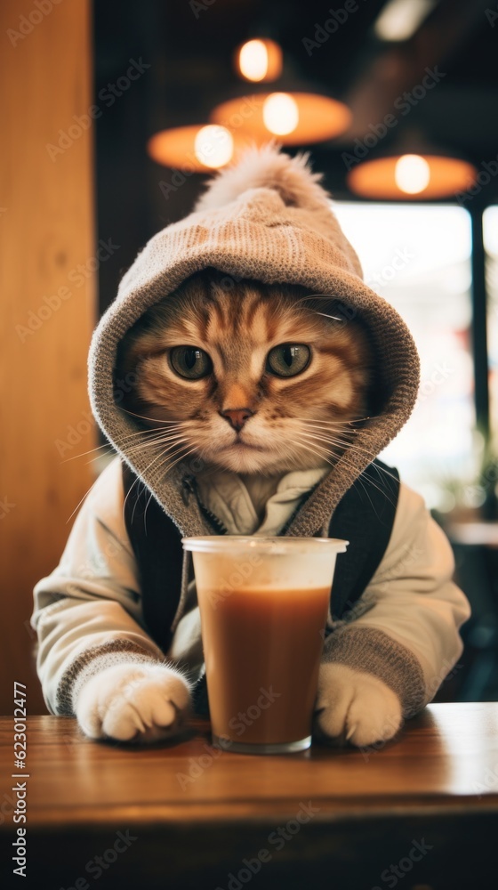Poster a cat in a hoodie sitting at a table with a cup of coffee. generative ai image.