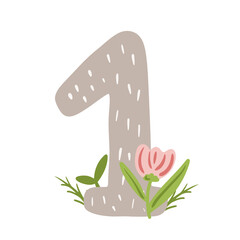 One, baby monthly milestone, cute number 1 with flowers cartoon illustration.