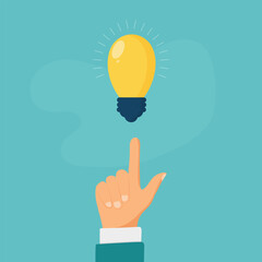 Pointing finger on bulb as a symbol big idea. Having new creative idea. Problem solution metaphor. Vector illustration flat design. Thinking processes.
