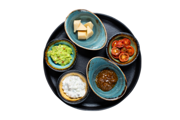 Italian wine snacks set or mediterranean appetizers. Brushettas, cheese variety, olives, pickles, Prosciutto di Parma isolated on white background with clipping path. PNG