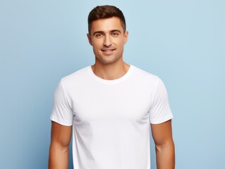 Fictional male model wearing a plain white t-shirt. Isolated on colored background. Generative AI illustration.