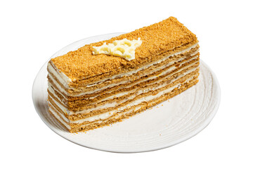 Slice of delicious layered honey cake isolated on white background with clipping path. Full Depth of field. Focus stacking. PNG