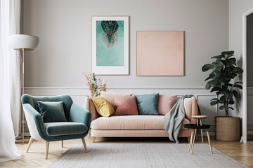 A contemporary living room with a plant and a blank poster image frame on the wall. minimalist design idea. Generative AI