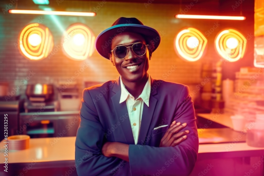 Aufkleber a man in a hat and sunglasses standing in front of a counter. generative ai image.