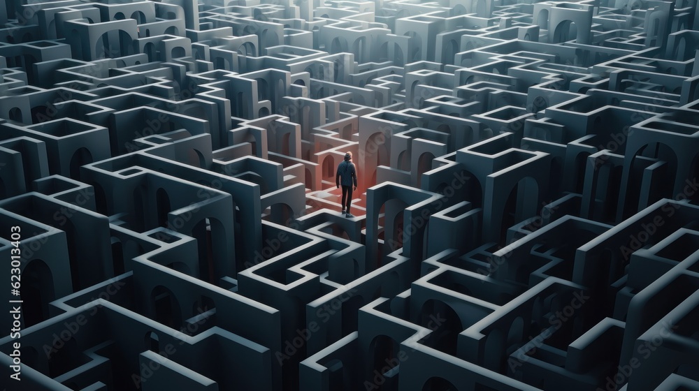 Poster a person standing in a maze in the middle of a maze. generative ai image.