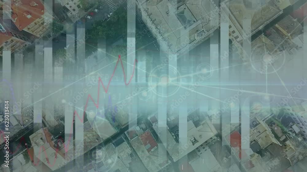 Poster animation of network of connections and statistical data processing over aerial view of cityscape