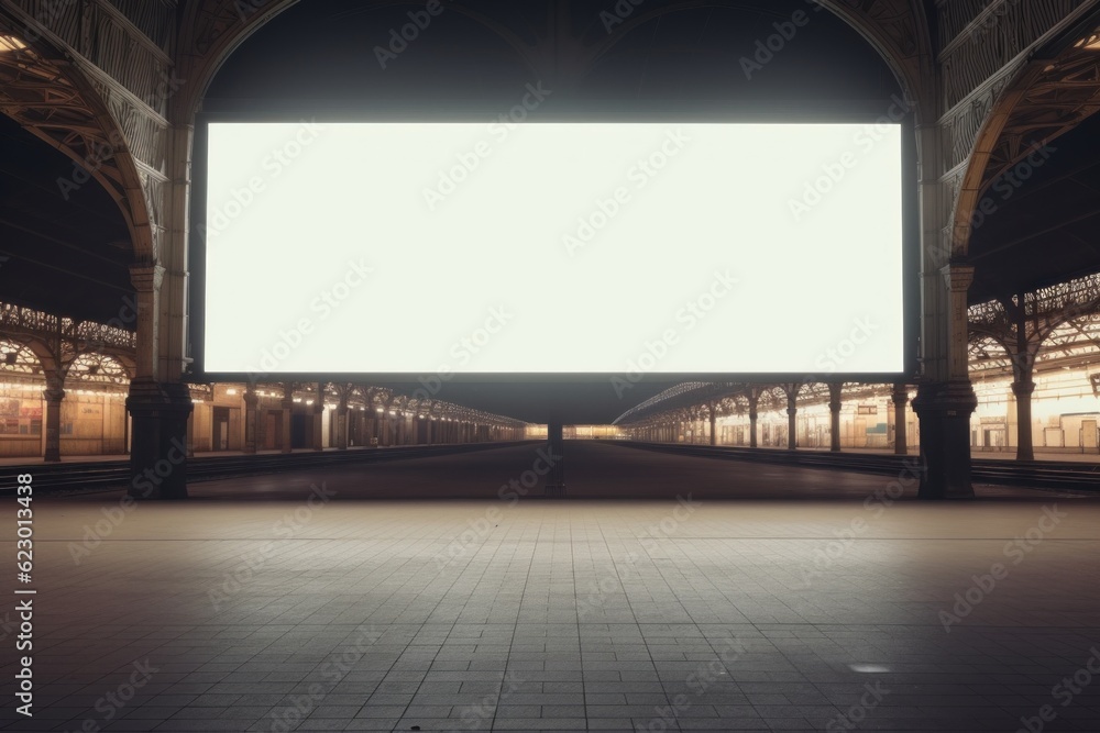 Poster a train station with a large screen in the middle of it. generative ai image.
