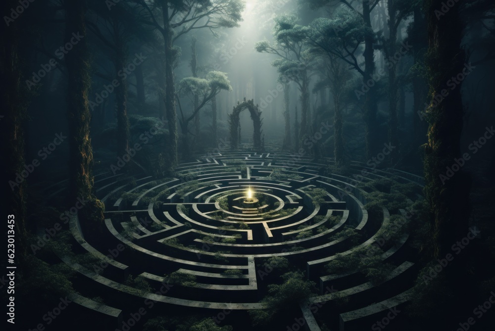 Poster a circular maze in the middle of a forest. generative ai image.