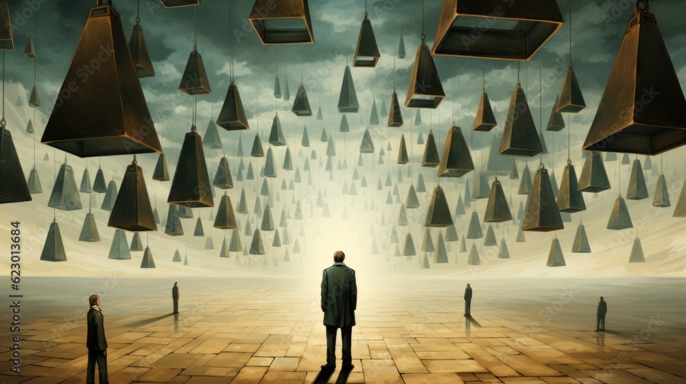 Poster a man standing in front of a group of people. generative ai image.