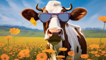A cow wearing sunglasses in a field of flowers