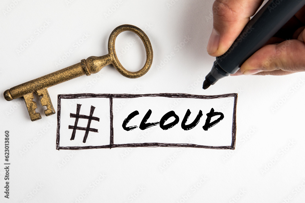 Wall mural cloud computing concept. text and gold key on white background