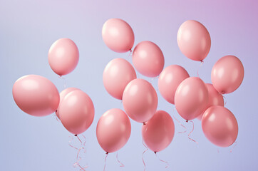 3d pink balloons on a blue background. birthday card. Generative AI