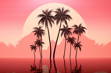 Fototapeta na wymiar Pink sunset on the beach with palm trees. Futuristic landscape 1980s style. Digital landscape cyber surface. 80s party background. Reflection in the water. Generative ai