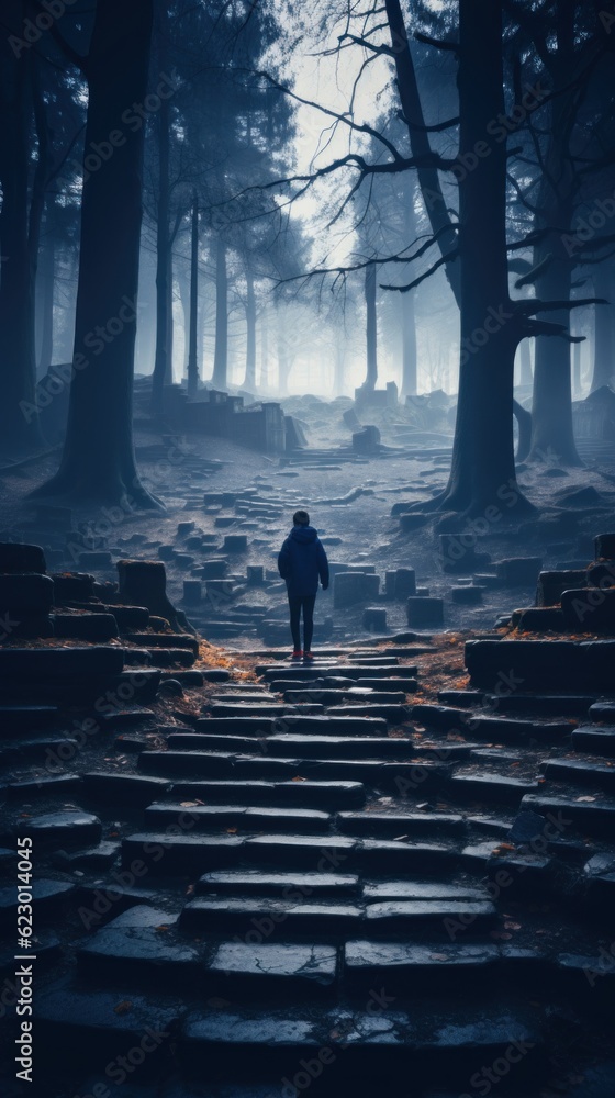 Aufkleber a person walking up a set of stairs in a forest. generative ai image.