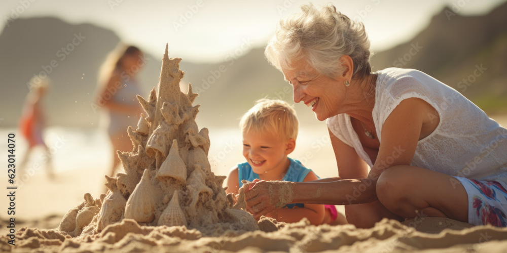 Canvas Prints A woman and child building a sand castle on the beach. Generative AI image.