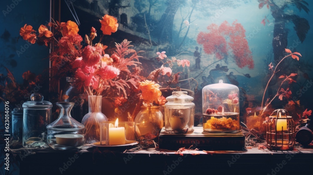 Aufkleber a table topped with vases filled with flowers and candles. generative ai image.
