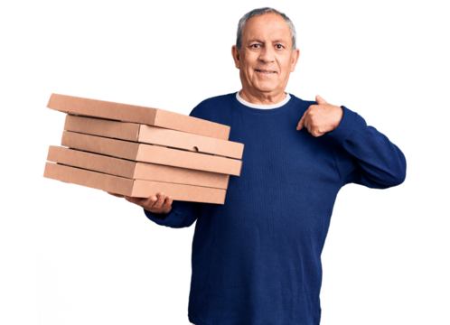 Senior handsome man holding pizza boxes pointing finger to one self smiling happy and proud