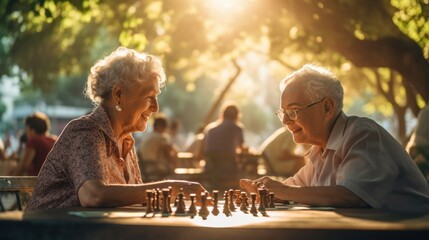 An older couple playing a game of chess. Generative AI image.
