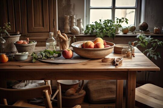 Vacant rustic table with wooden utensils, dishes, and an apple. Interior of a straightforward house kitchen, mockup for product design and display, zero waste idea, and selective emphasis. Generative