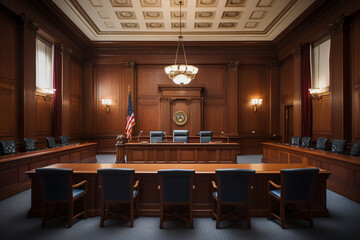 Empty American style courtroom. Supreme Court of Justice and Court of First Instance - obrazy, fototapety, plakaty