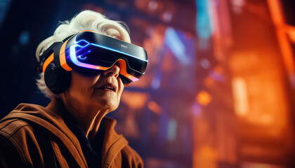 Elderly smiling pensioner wearing virtual reality glasses indoors.
