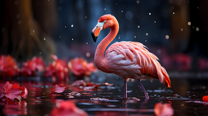 Flamingo walking, pink background Generative AI